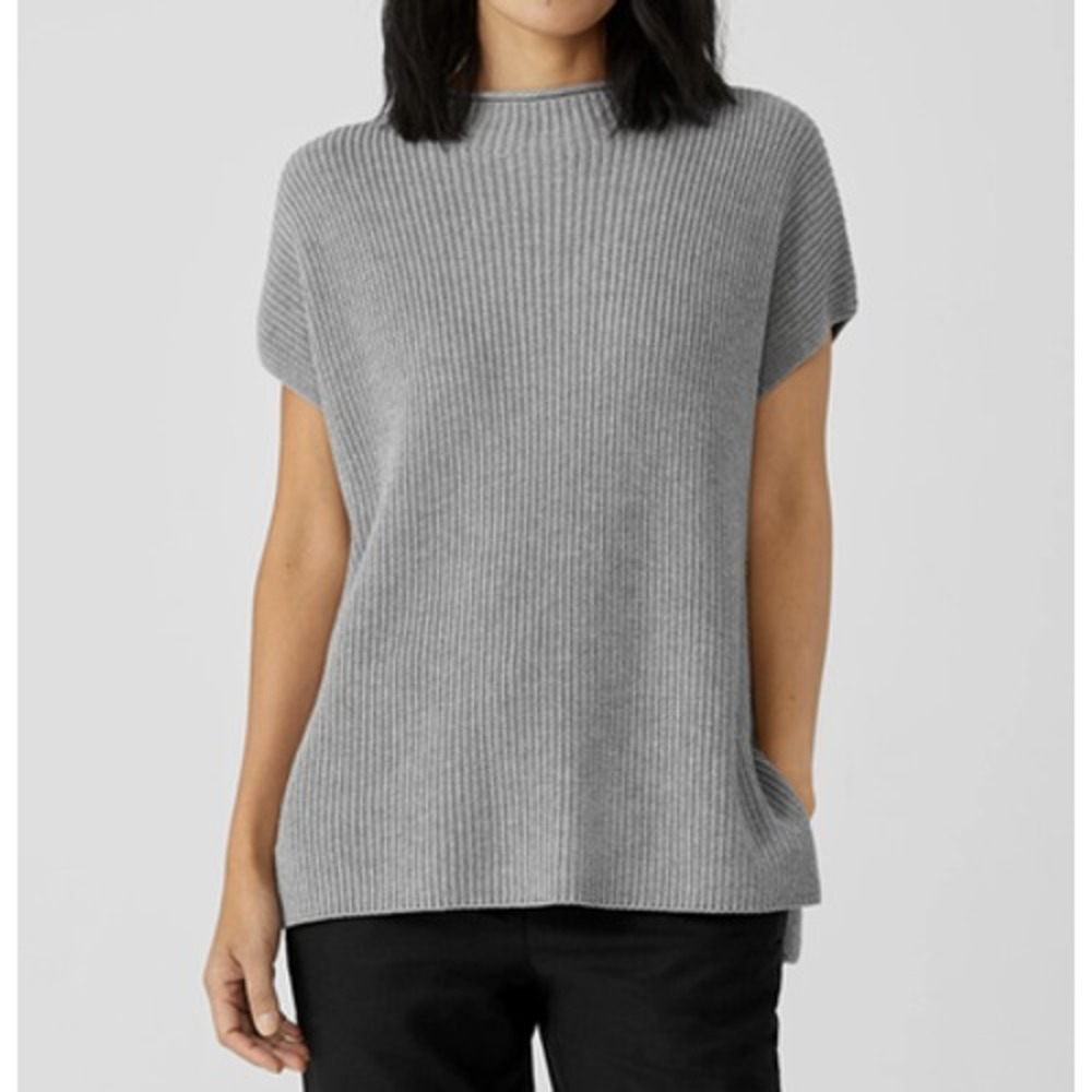Eileen Fisher Sweater Womens Small Roll Neck Cap Sleeve Knit Organic Cotton